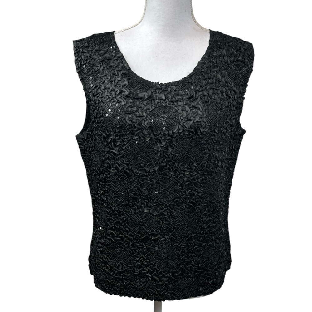 Vintage 2000s Y2K Classic Black Sleeveless Crinkle Style Sequin Blouse Size L